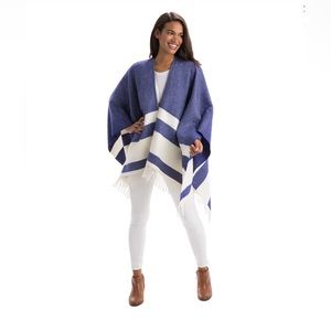 Like New Vineyard Vines Blue White Stripe Fringed Merino Wool Wrap Cape